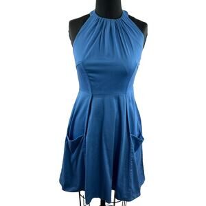 Jessica Simpson Halter Top Blue Flared Solid Casual Summer Dress Women Size 4